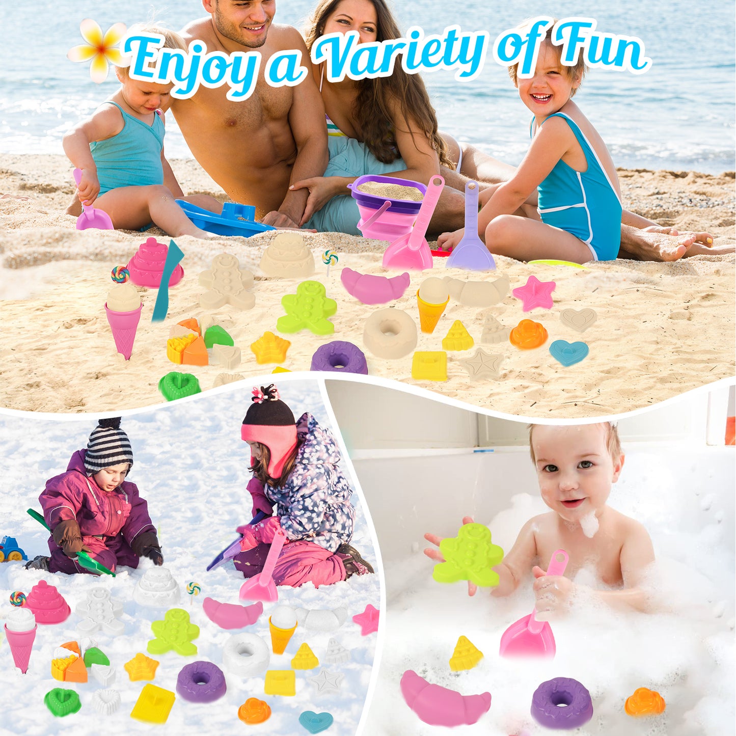 KiddiTouch Sand Toys 35Pcs Beach Toys Sandbox Toys with Collapsible Sand Bucket& Mesh Beach Toy Bag, 4 Sand Tools, 18 Sand Molds, Sand Castle Kit for Girls Kids Ages 3-12