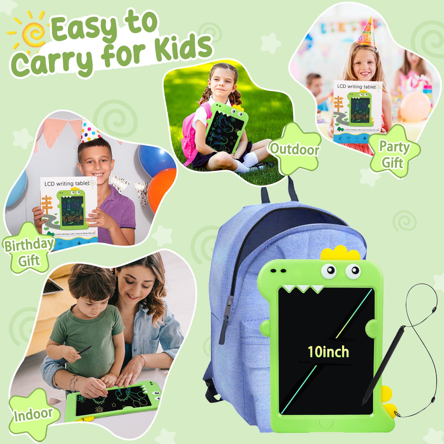 KiddiTouch LCD Writting Tablet for Kids 10 Inch Dinosaur Erasable Doodle Board Mess Free Drawing Pad for Boys Educational Toys Birthday Gift