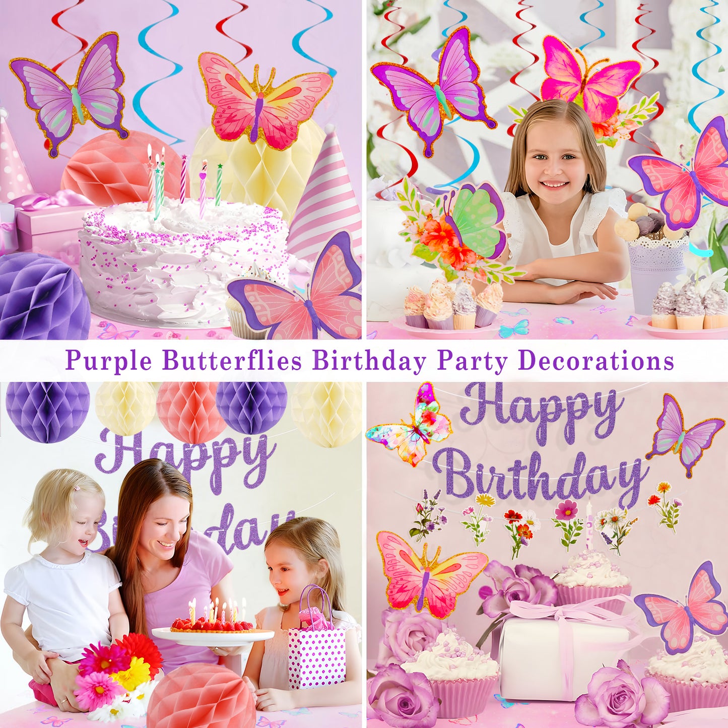 Kidditouch Birthday Decorations, NO DIY, Pre-Strung Happy Birthday Banner with Honeycomb Balls, Butterflies Hanging Swirls Streamer, Flower Garland, Butterflies Tablecloth, Happy Birthday Party Decorations for Women Men Boys Girls (Purple)