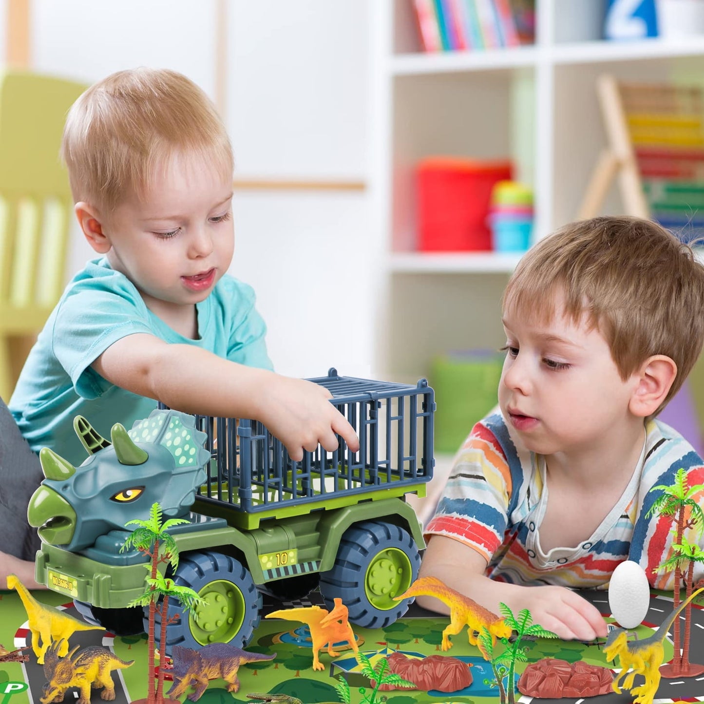 KiddiTouch Dinosaur Toy for Kids 3-5 5-7, Dinosaur Truck Carrier Car, Monster Truck with Dinosaur Toys for Boys, Dino Transport Cars Playset Gift for Boys