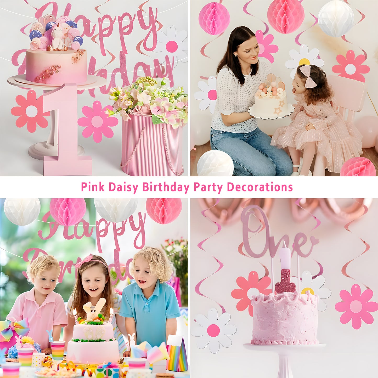 Kidditouch Birthday Decorations, NO DIY, Pre-Strung Happy Birthday Banner with Honeycomb Balls, Hanging Swirls, Circle Dots Garland, Happy Birthday Party Decorations for Women Men Boys Girls (Pink)