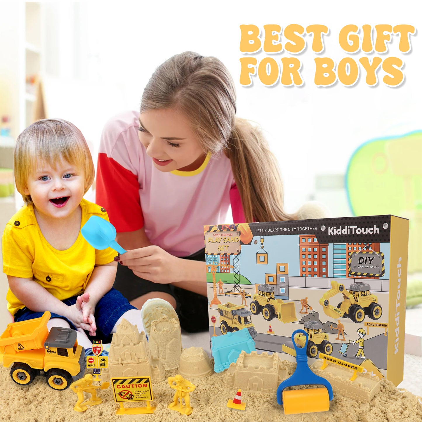 KiddiTouch Sensory Bin, Sandbox with 3.3lbs Play Sand Construction Set, 4 Take Apart Construction Trucks Toys and Signs,Birthday for Boy Kid Toddlers Age 3-8