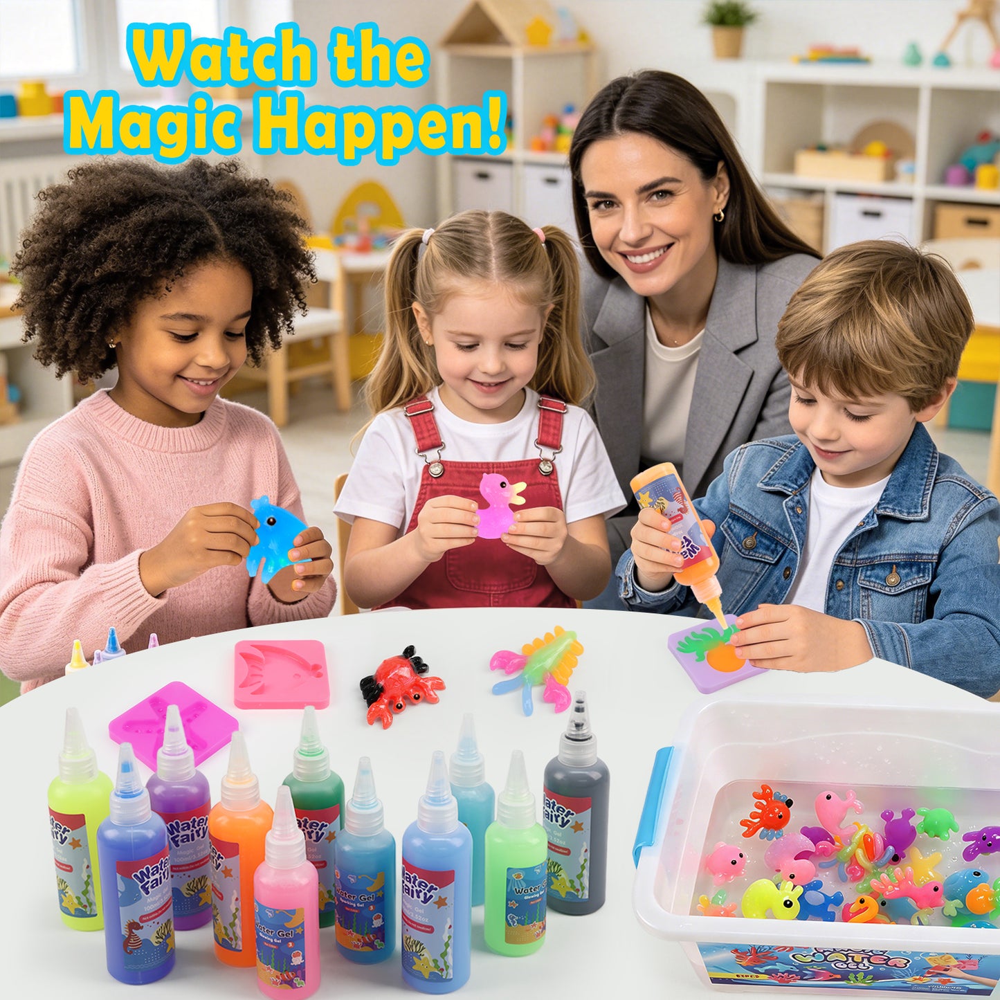 KiddiTouch Magic Water Elf Toy Gel Kit with 22 Gels, 16 Molds, 6 Pack of Magic Powder, Water Pets DIY Sensory Craft Kits for Kids Age 3+