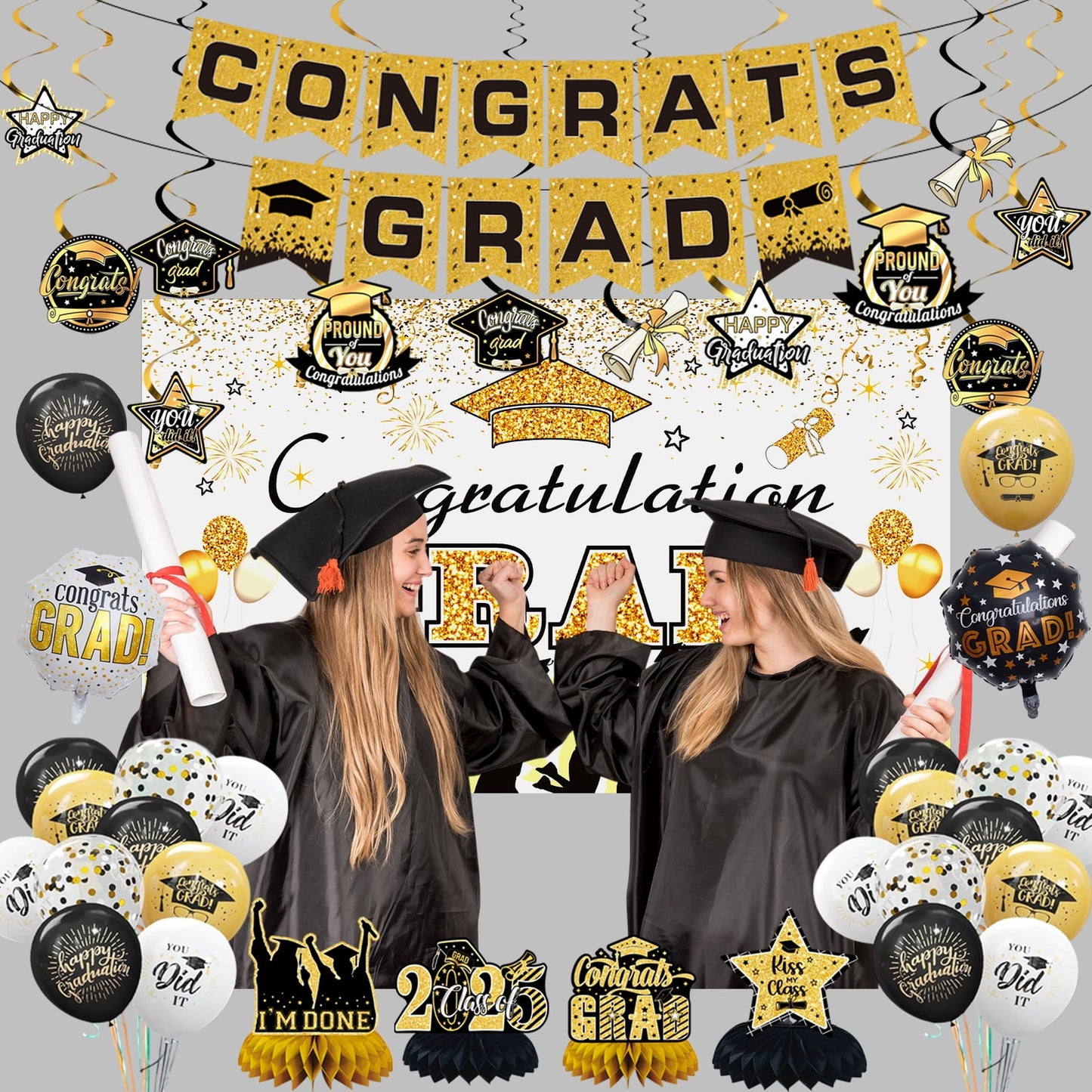 KiddiTouch Graduation Decorations Class of 2025 Gold Themed Backdrop Banner, Graduation Hanging Swirl, Balloons and Honeycomb Supplies for Graduation Party