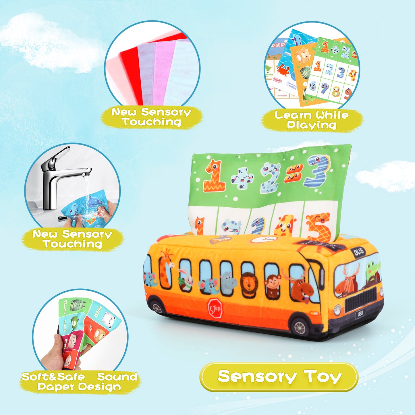 Baby Tissue Box Toy, Soft Montessori Toys for Babies 6 to 12 Months, Crinkle Paper Sensory Silk Scarves Toys for 1 Year Old Boys Girls Kids Early Learning Gifts(Bus)