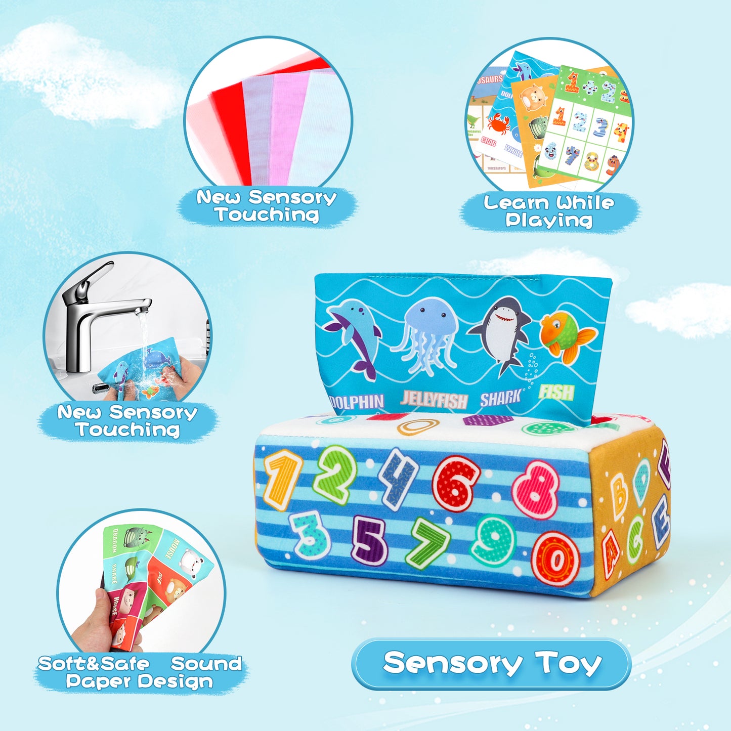 Baby Tissue Box Toy, Soft Montessori Toys for Babies 6 to 12 Months, Crinkle Paper Sensory Silk Scarves Toys for 1 Year Old Boys Girls Kids Early Learning Gifts(Digital)