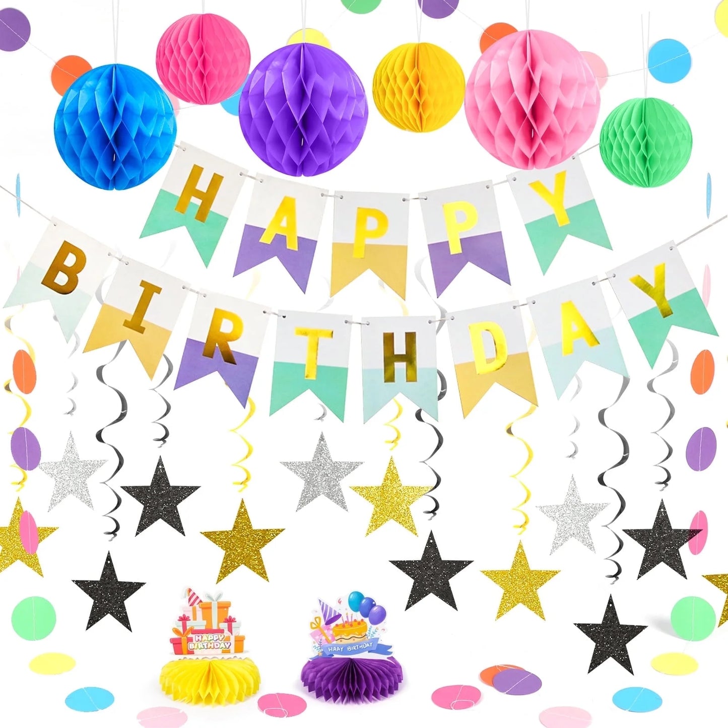KiddiTouch Birthday Decorations Happy Birthday Banner with Honeycomb, Circle Dot Garland Decorations - Birthday Party Decorations for Boys Girls