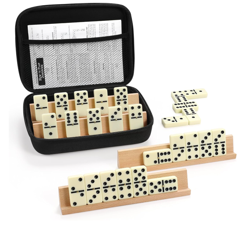KiddiTouch Dominos Set for Adults with 4 Domino Racks - Double 6 Dominoes Set with Domino Holder, Classic Board Games for Adults - Double Six Standard Dominos Set 28 Tiles with Travel Case