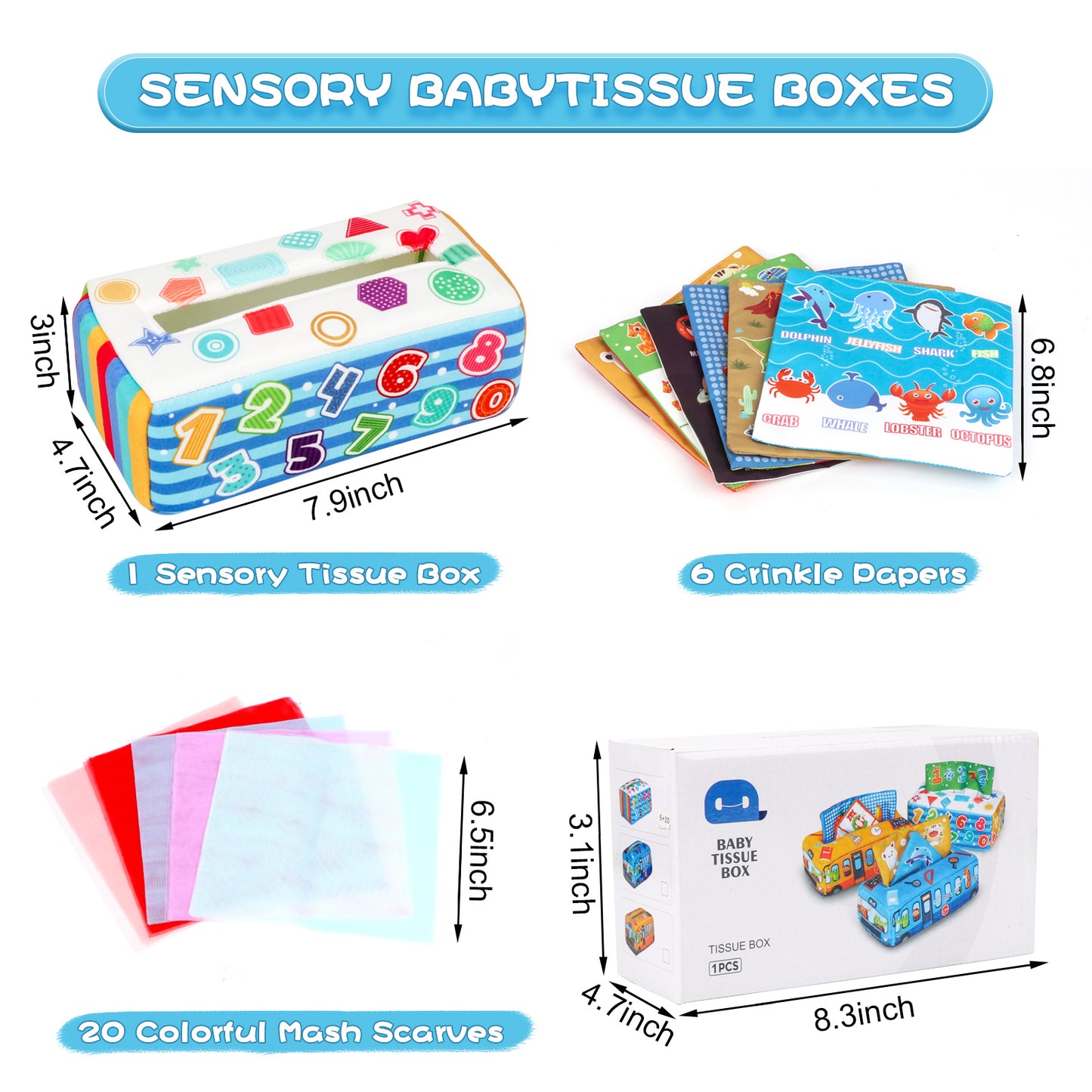 Baby Tissue Box Toy, Soft Montessori Toys for Babies 6 to 12 Months, Crinkle Paper Sensory Silk Scarves Toys for 1 Year Old Boys Girls Kids Early Learning Gifts(Digital)