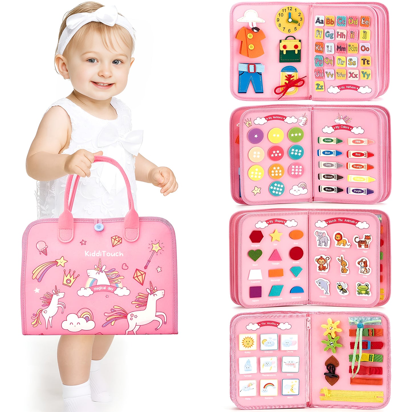 KiddiTouch Busy Board Busy Book Toddler Travel Toys Sensory Toys for Toddlers Travelling Activities, Educational Toys for 3 4 5 Years Old Girls Gift